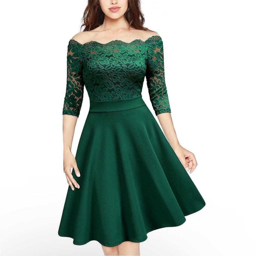 Elegant Emerald Green Lace Off-Shoulder Dress